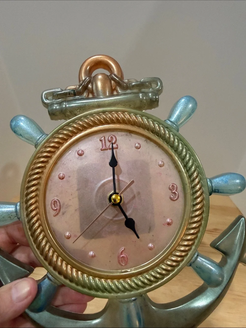 Nautical Anchor Ship Wheel Wall Clock — Bronze and Blue Coastal Accent